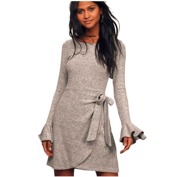 New! Lulus Heather Gray Sweater Wrap Dress Sz M - Picture 2 of 7